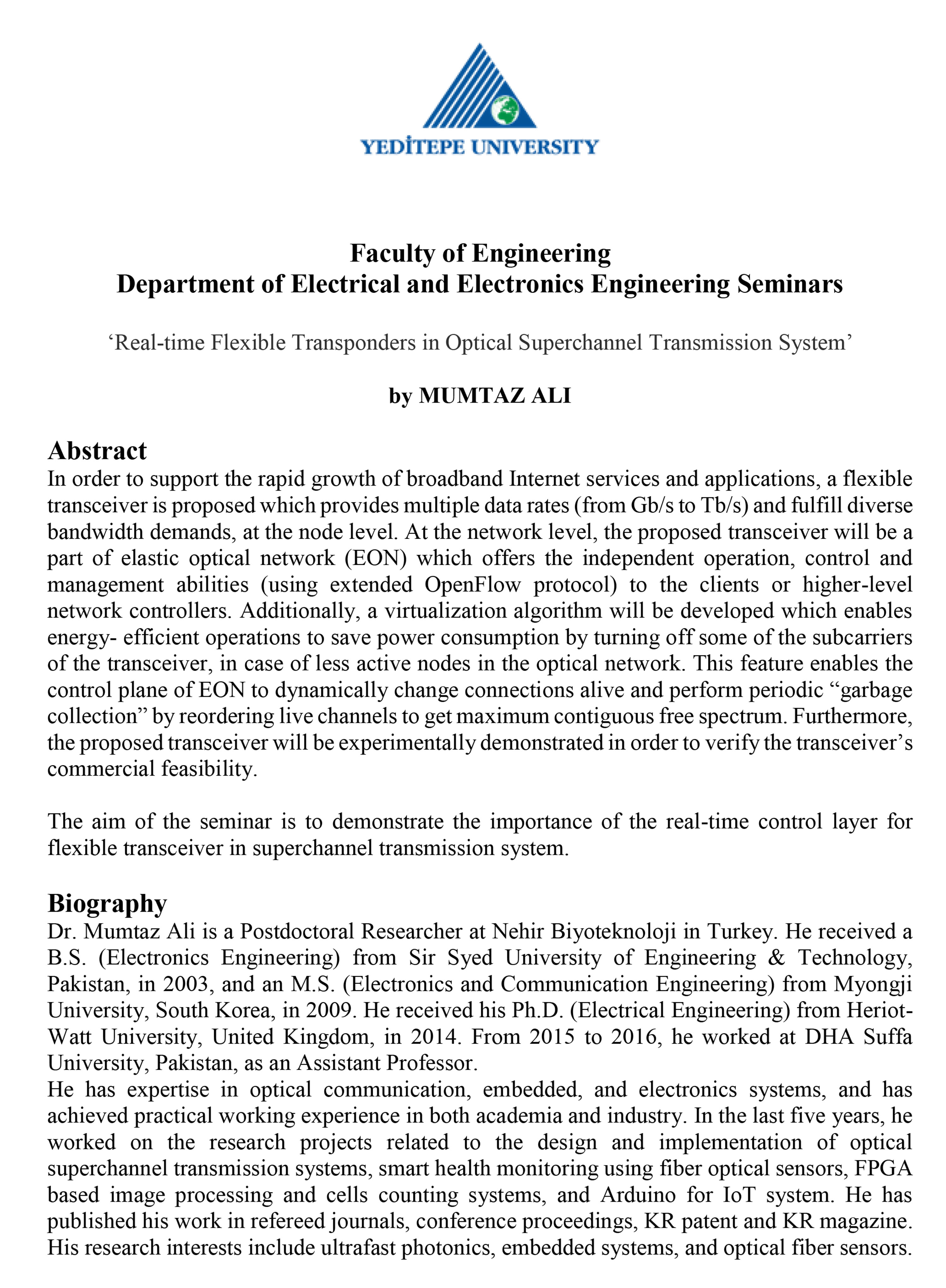 Faculty of Engineering Department of Electrical and Electronics Engineering Seminars
